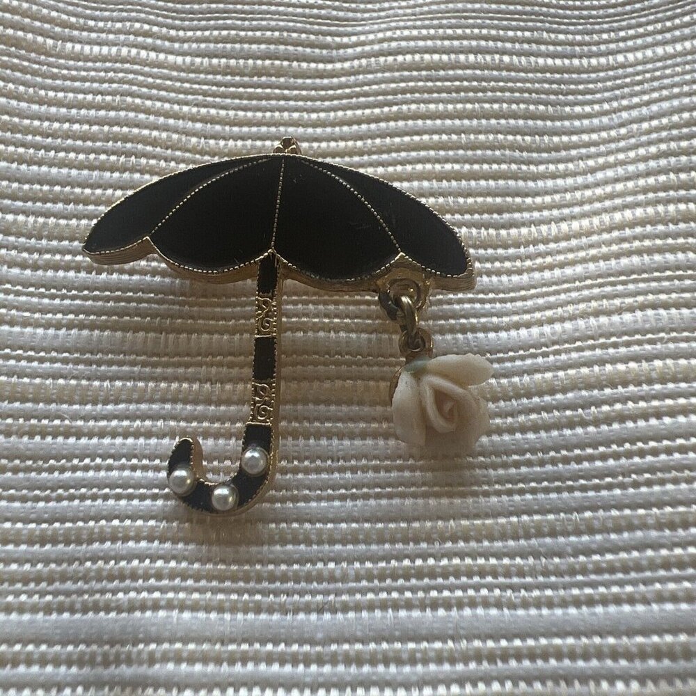 Vintage‎ umbrella brooch black enamel faux pearl rose dangle pin